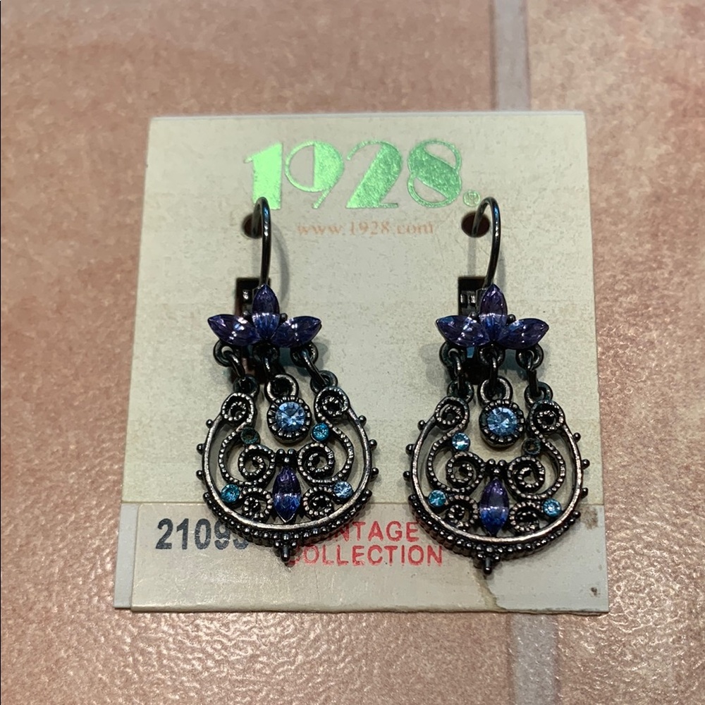 NWT 1928 Silver Tone Filigree Purple & Blue Crystal Gems Dangle Drop Earrings